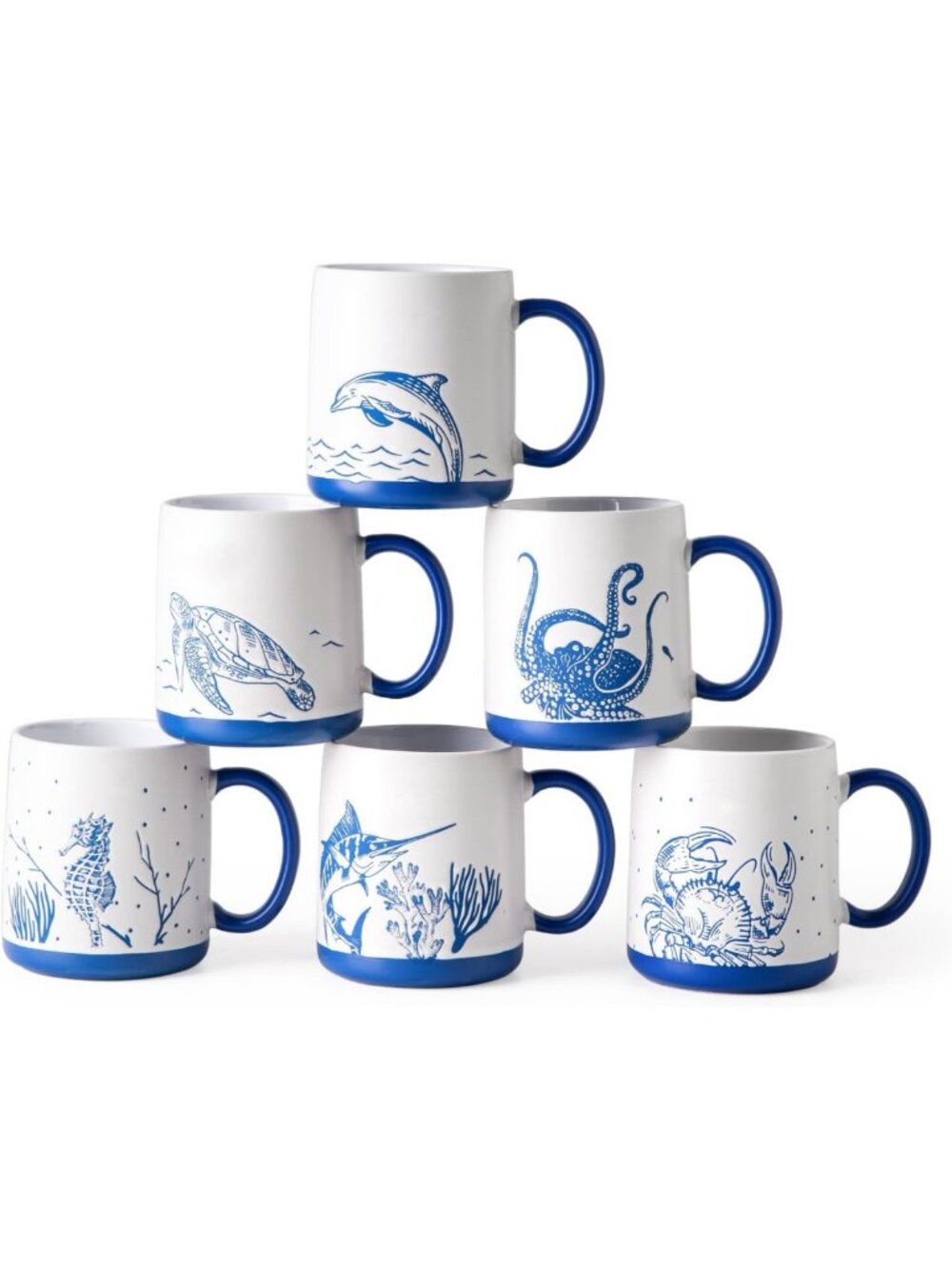 Set of 6 Large 18oz Ceramic Coffee Mugs - Sea Life Design, Easy to Hold